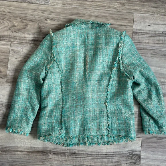 Michael Kors Tweed Jacket Blazer – Size 2 – Turquoise Fringe Trim - Picture 4 of 5
